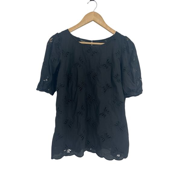 Talbots Black Butterfly Eyelet Print Short Sleeve Top Medium - Picture 1 of 4